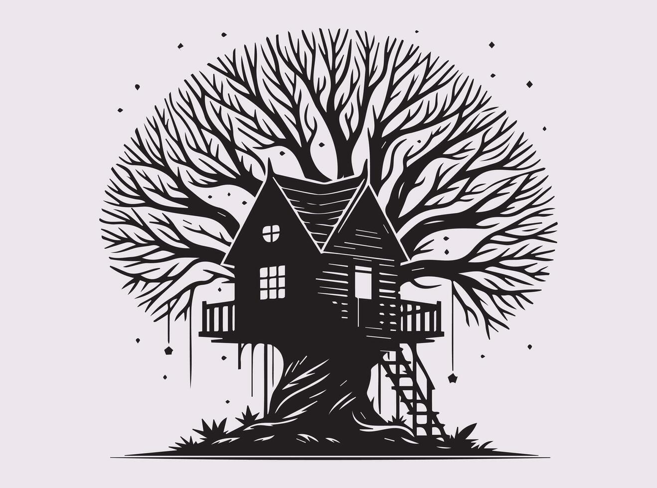 Creative Black Tree House Silhouette in Branches for Rustic and Adventurous Designs vector