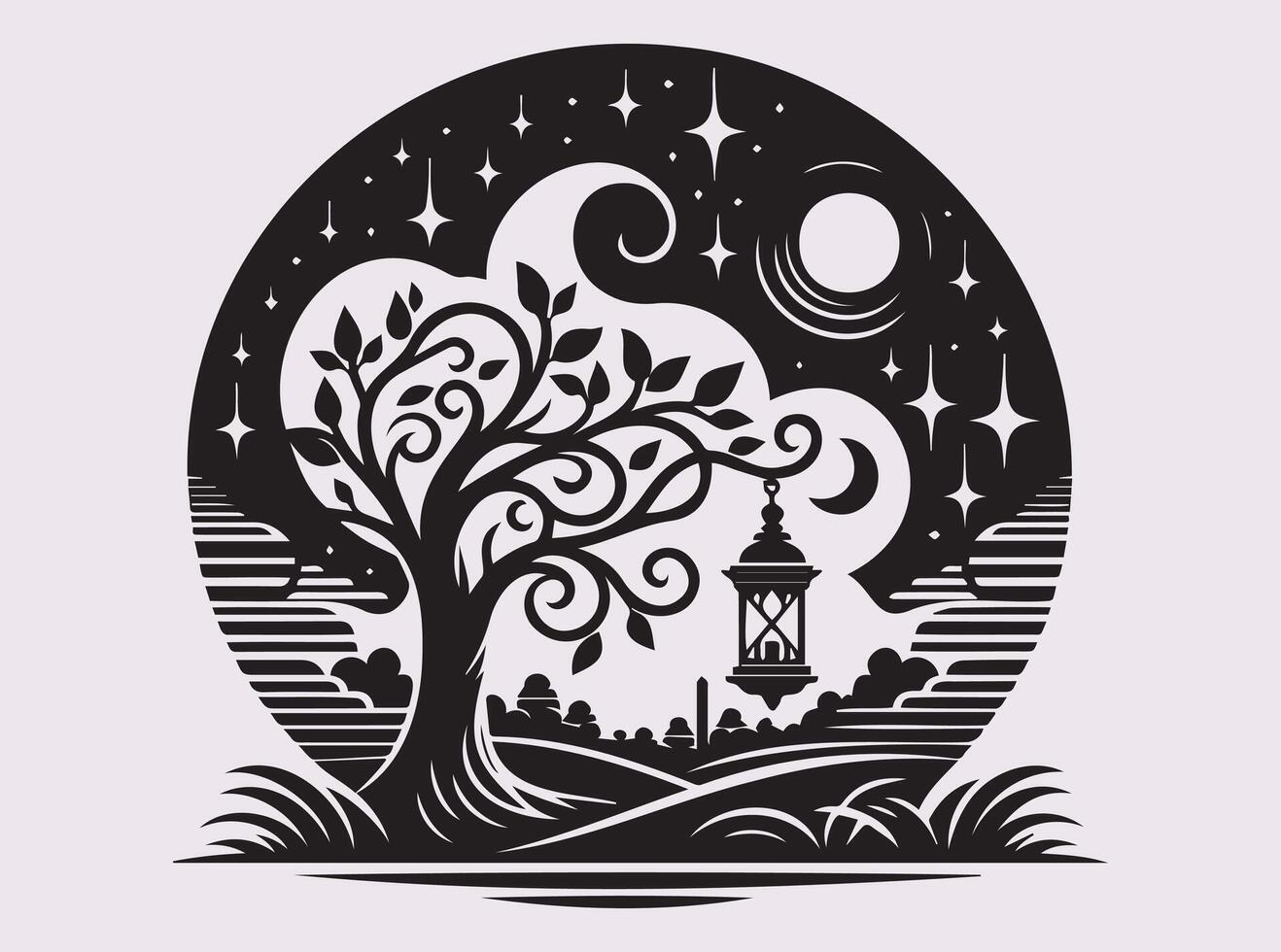 Solid Black Silhouette of Tree with Lantern for Magical and Serene Night Landscape vector