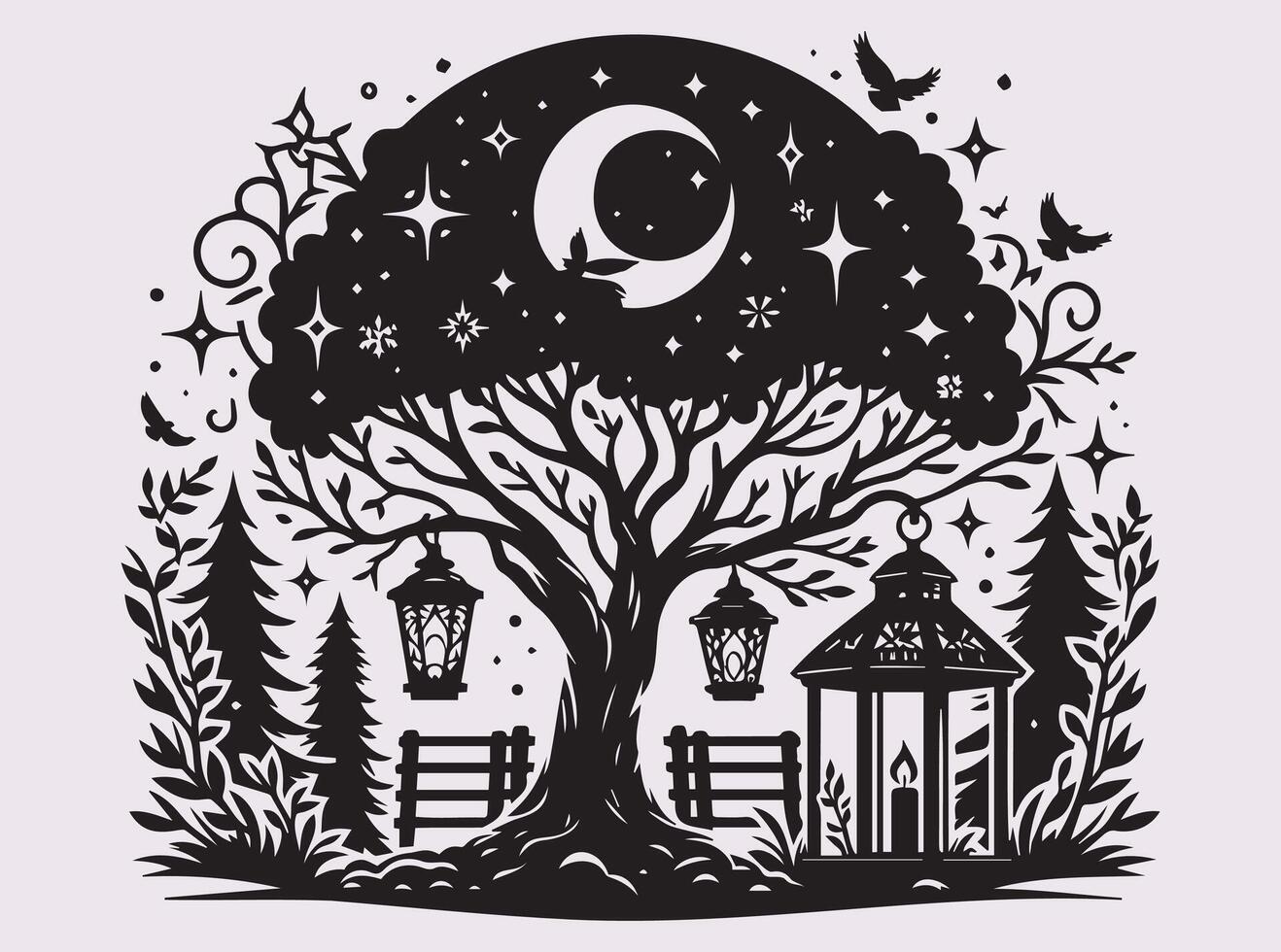 Solid Black Tree with Lantern Night Scene Silhouette for Deep Reflection and Calm vector