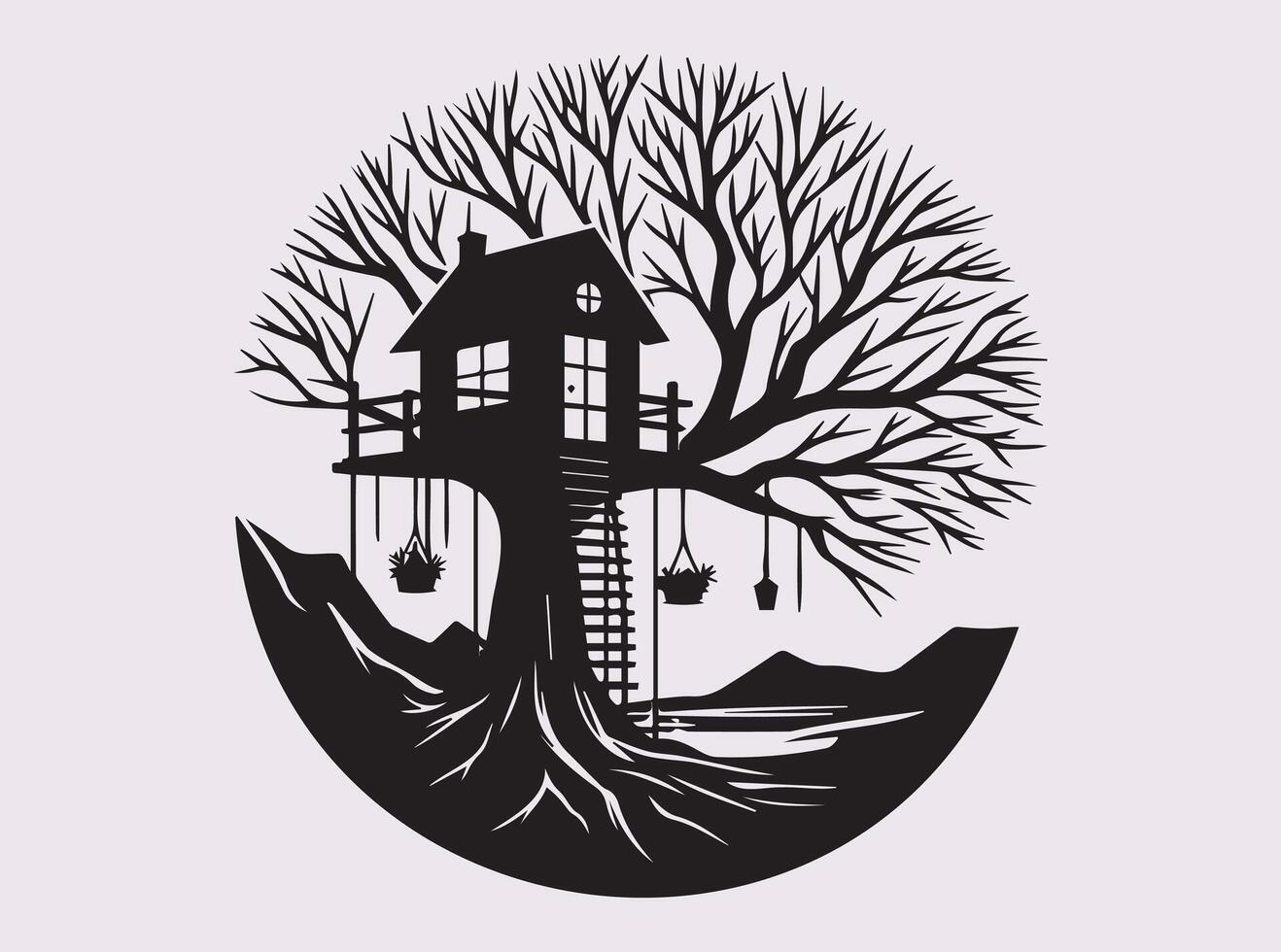 Black Tree House in Branches Silhouette for Unique and Artistic Design Ideas vector