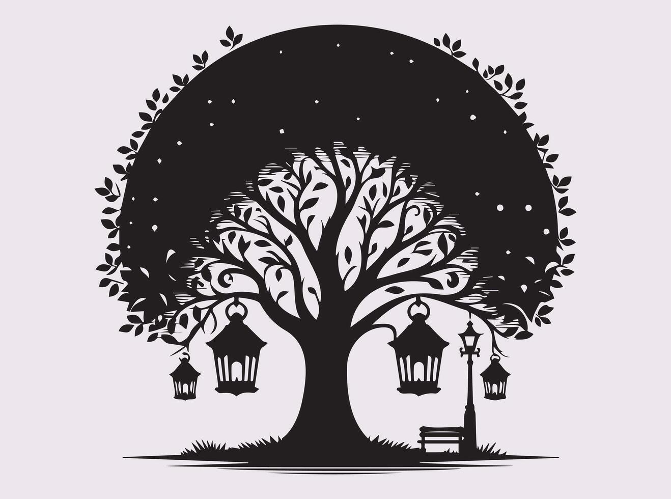 Black Silhouette of Lantern and Tree Night Scene for Tranquil Artistic Expression vector