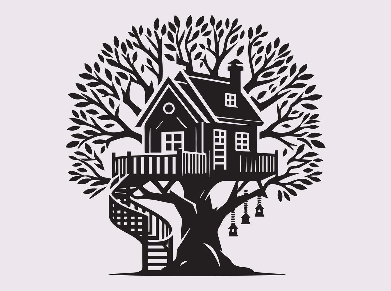 Black Color Tree House Silhouette in Branches for Illustrations and Nature Inspired Works vector
