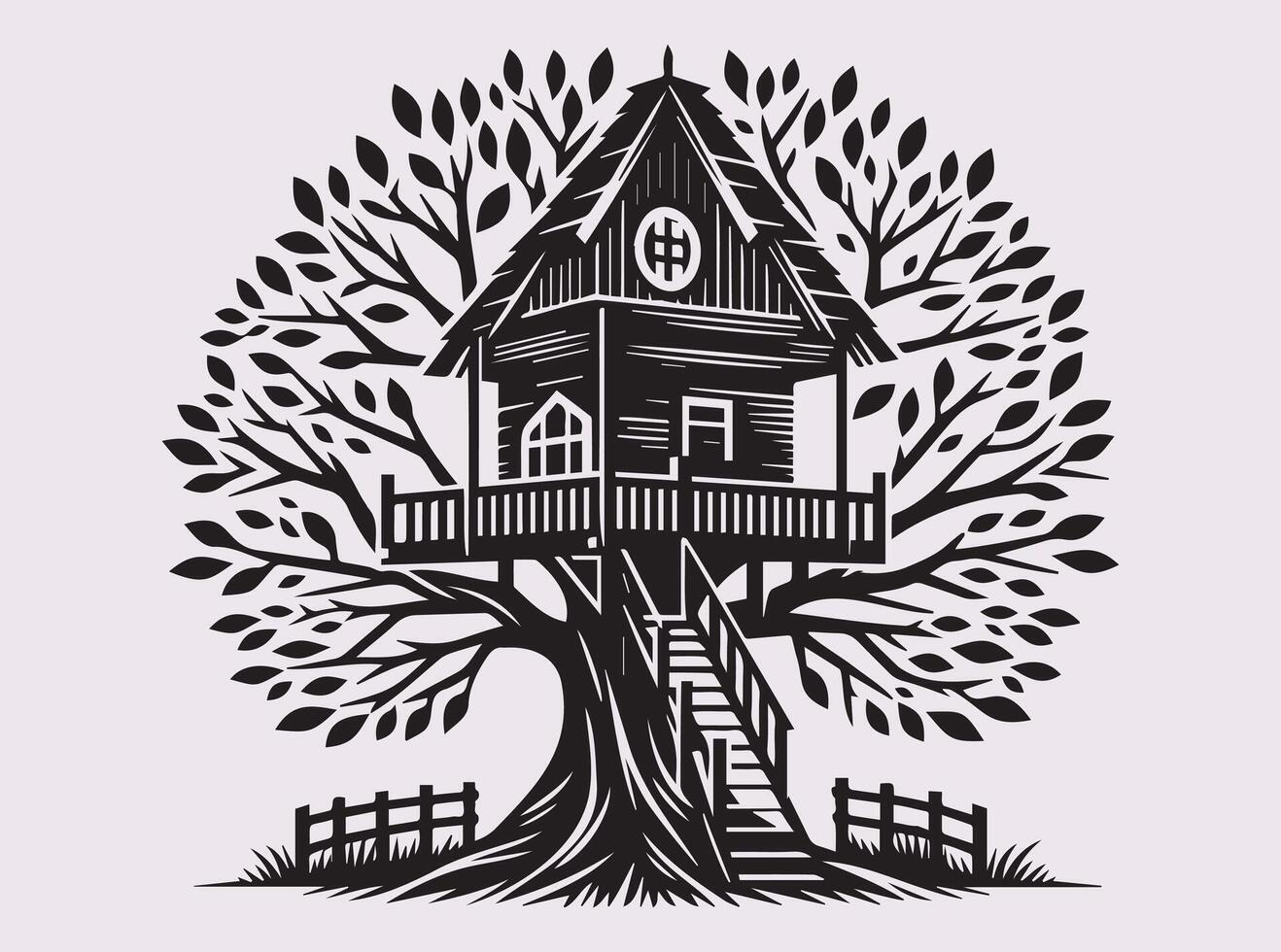 Solid Black Color Tree House in Branches Silhouette for Artistic and Creative Design Projects vector