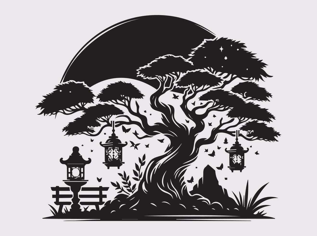 Black Color Tree with Lantern Night Silhouette for a Serene and Dreamy Scene vector