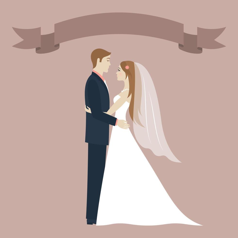 Wedding day. Bride and groom looking at each other and hugging. Wedding couple. Romantic vintage background. Ribbon with place for text. Greeting card vector