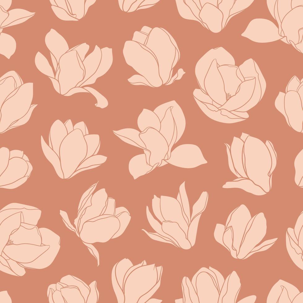 Seamless pattern with magnolia flowers. Modern minimalistic style, beige blooming buds on an orange background. Spring floral design for textile, package, wedding decor, postcards vector