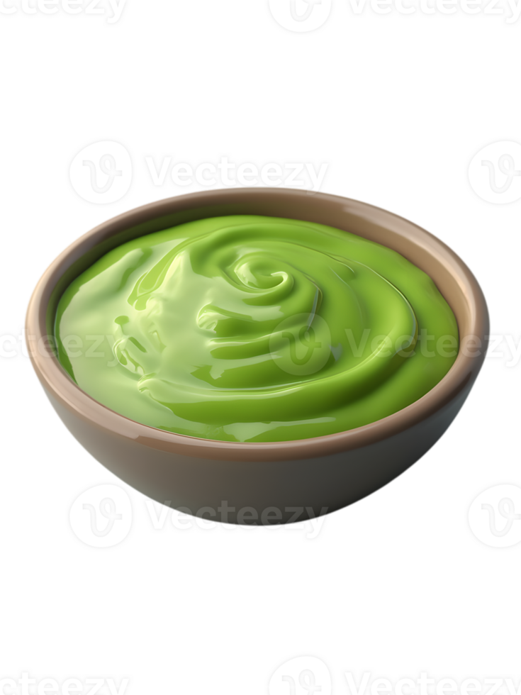 Green color sauce on a stone bowl. png