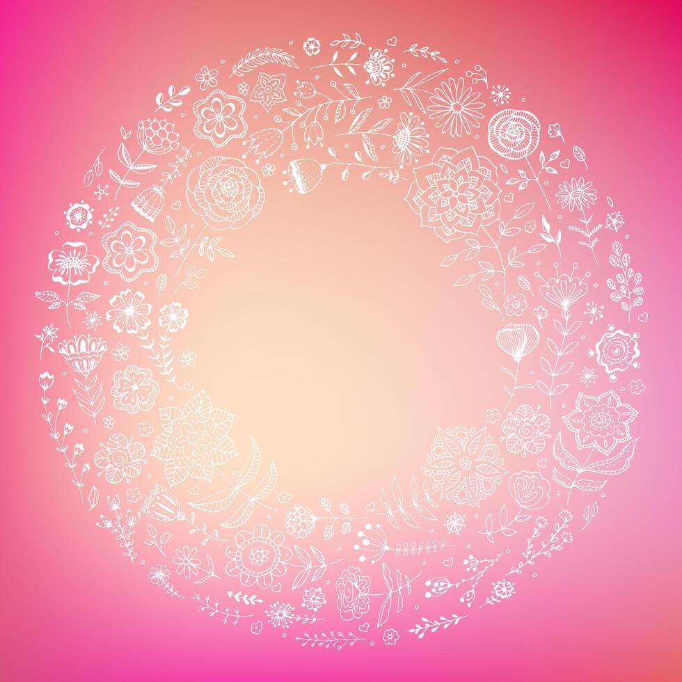 Wedding background with wreath. Floral frame with place for text. Template for romantic greeting card, postcard, invitation. Blurred, bokeh vector