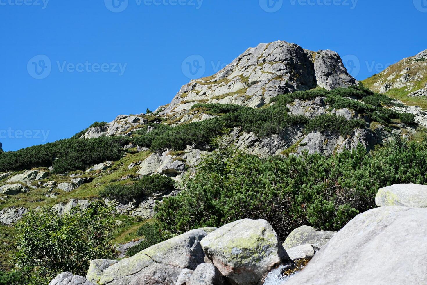 A mountain with a green hillside and a rocky top photo