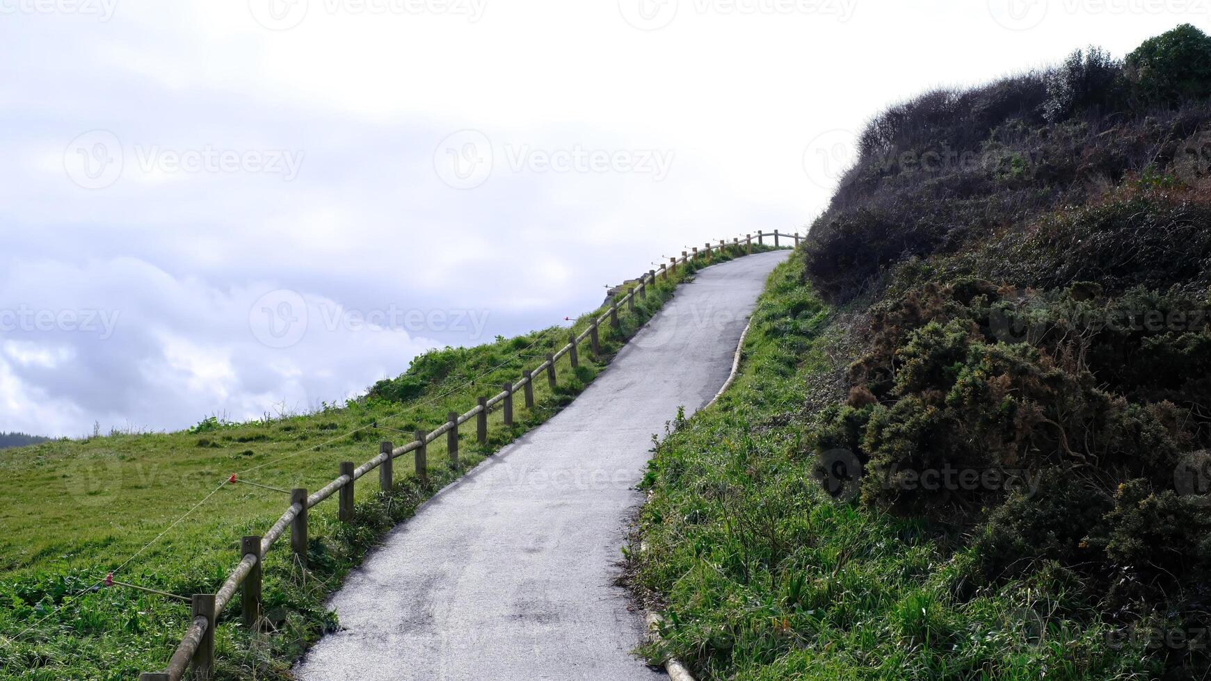 A path winds up a hillside with a fence on the side photo