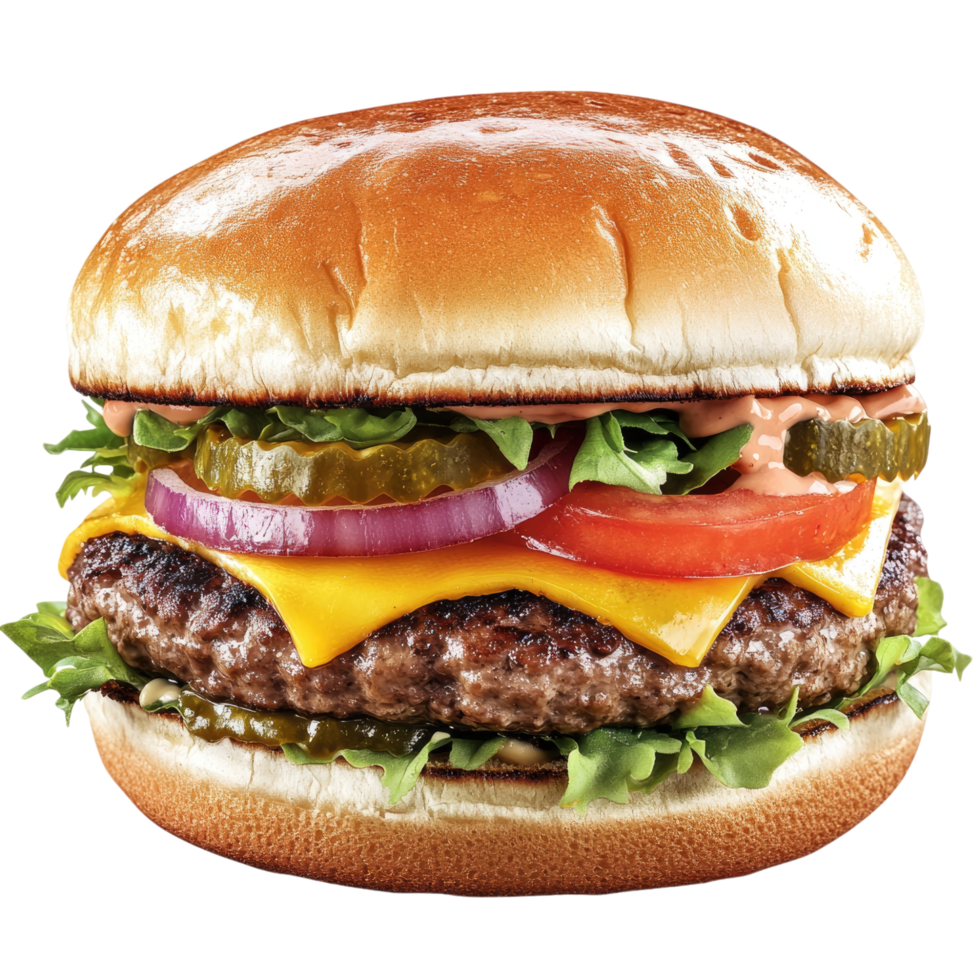 a hamburger with cheese, lettuce, tomato and onion png