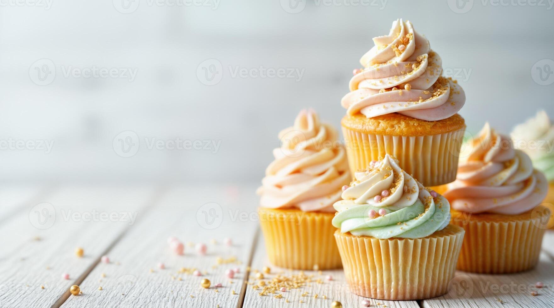 Elegant Pastel Cupcakes with Swirled Frosting and Gold Pearls on Rustic Whitewashed Wood photo