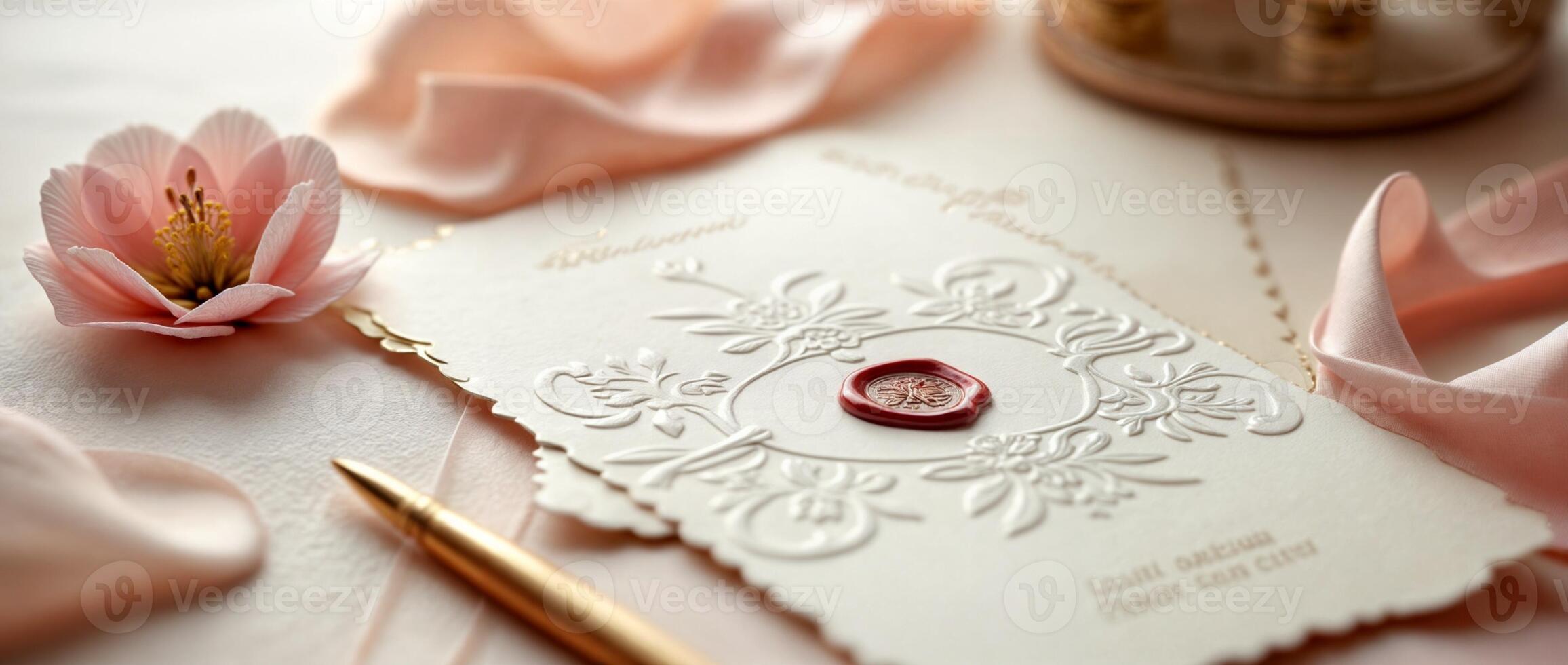 Elegant Wedding Invitation with Delicate Wax Seal and Pink Peony Blossom Flatlay photo