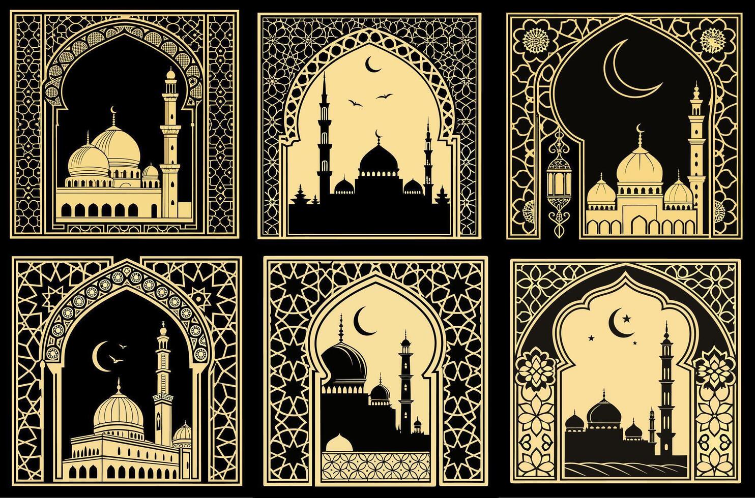 Gold traditional islamic window shape. Arabic golden frames, mosque arches isolated on black background. Muslim architecture design elements, silhouette moroccan borders or gates. Ramadan kareem doors vector