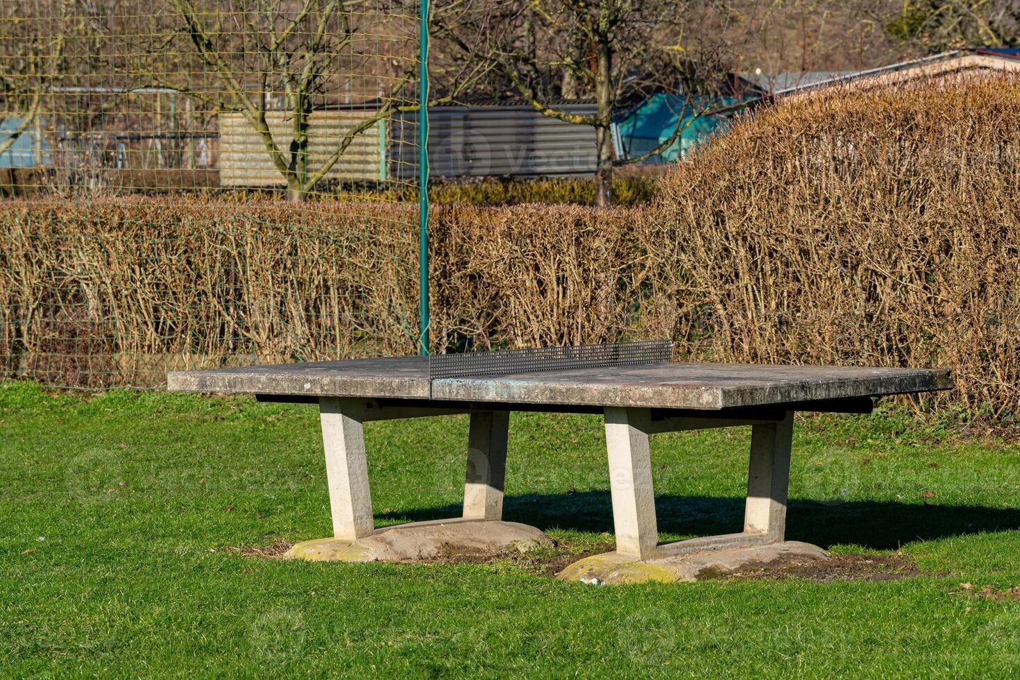 Concrete picnic table in sunny park setting with lush grass photo
