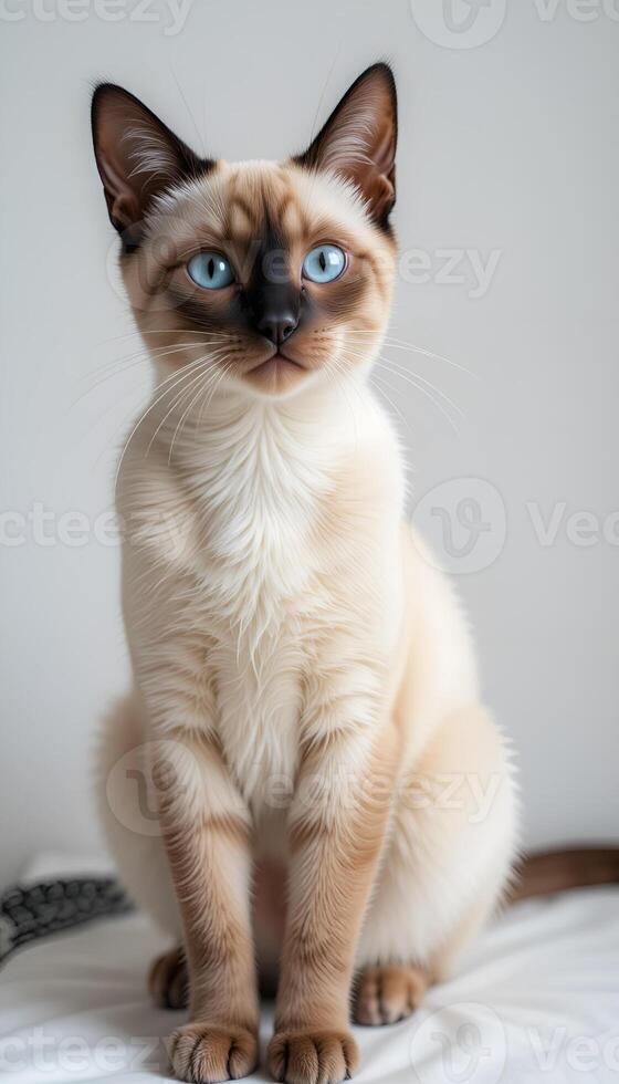 There is Siamese cat with bright blue eyes. Her fur is soft and fluffy, and her expression conveys calmness and curiosity. photo