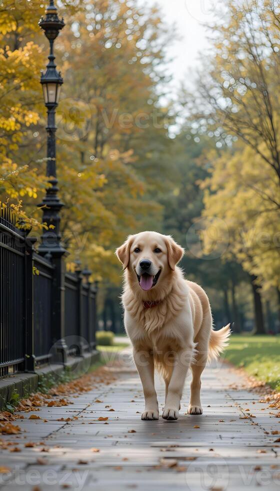 golden retriever that walks in the park in the park. The sun is shining, creating a warm atmosphere photo