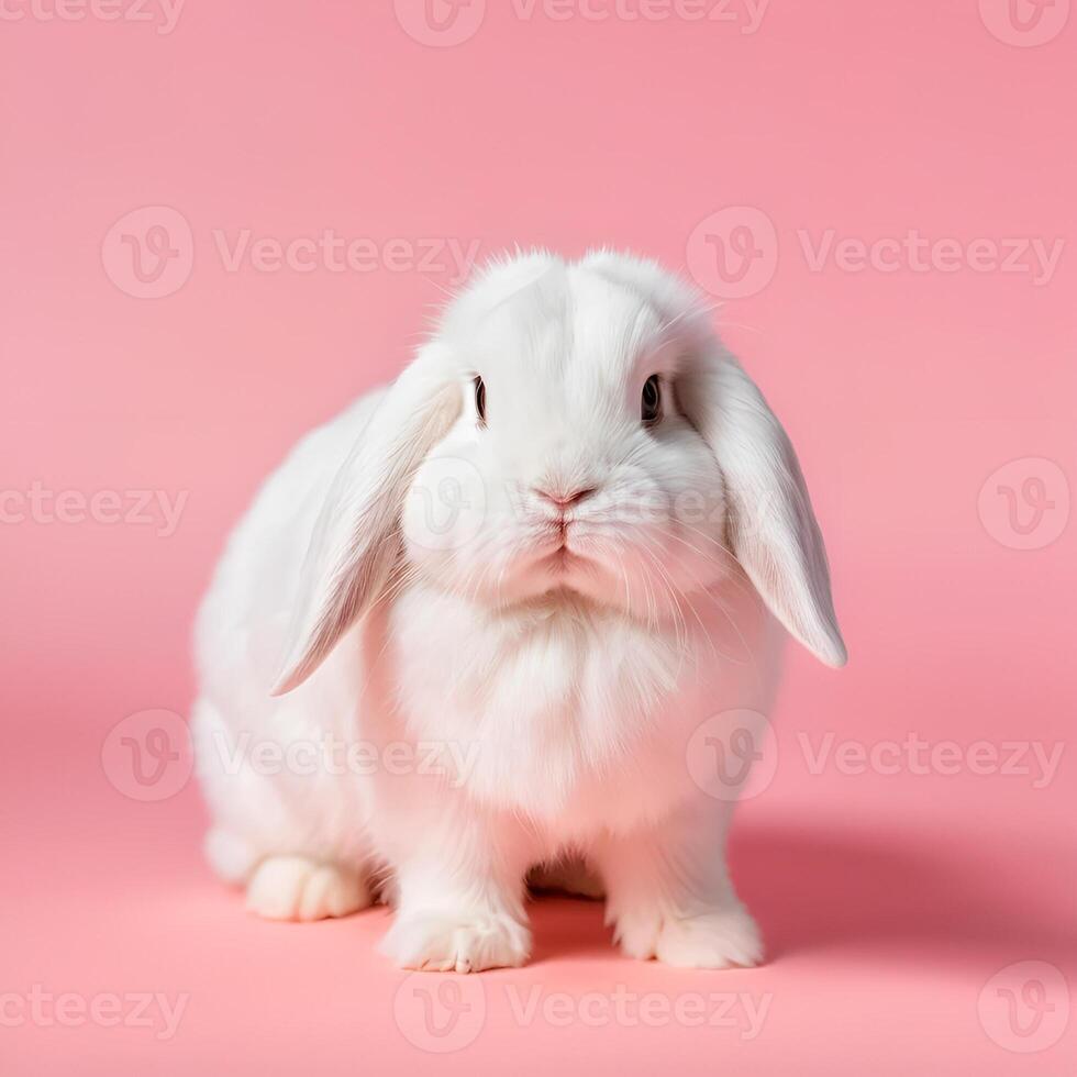 A white rabbit with floppy ears on a pink background photo