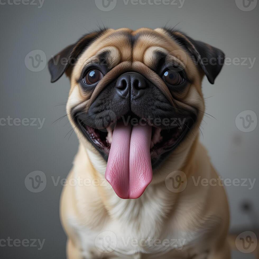 cute pug with a lolling tongue that looks funny and friendly. His expressive gaze and playful mood cheer up everyone around him. photo