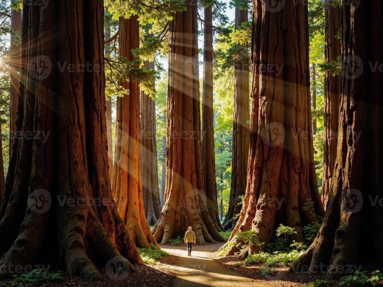 A person walking through a forest with sunbeams shining through the trees photo