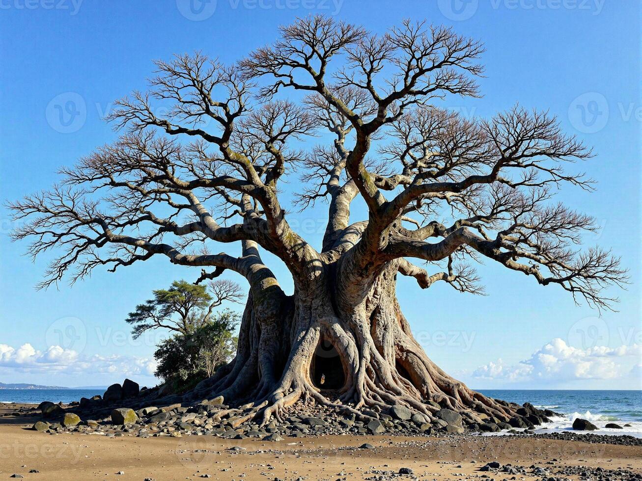 A large tree on the beach with no leaves photo