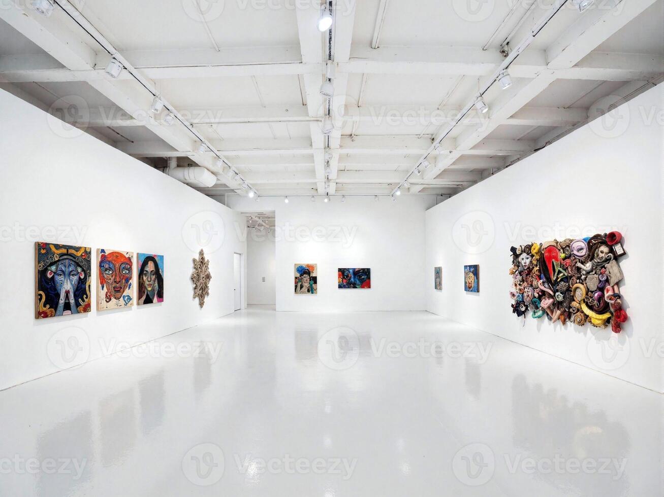 An art gallery with white walls and paintings on the walls photo