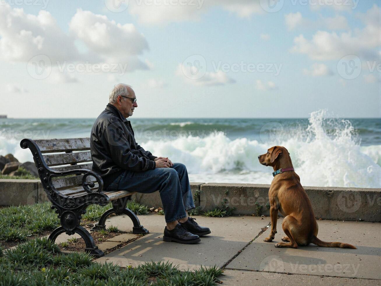 A man sitting on a bench with a dog by the ocean photo