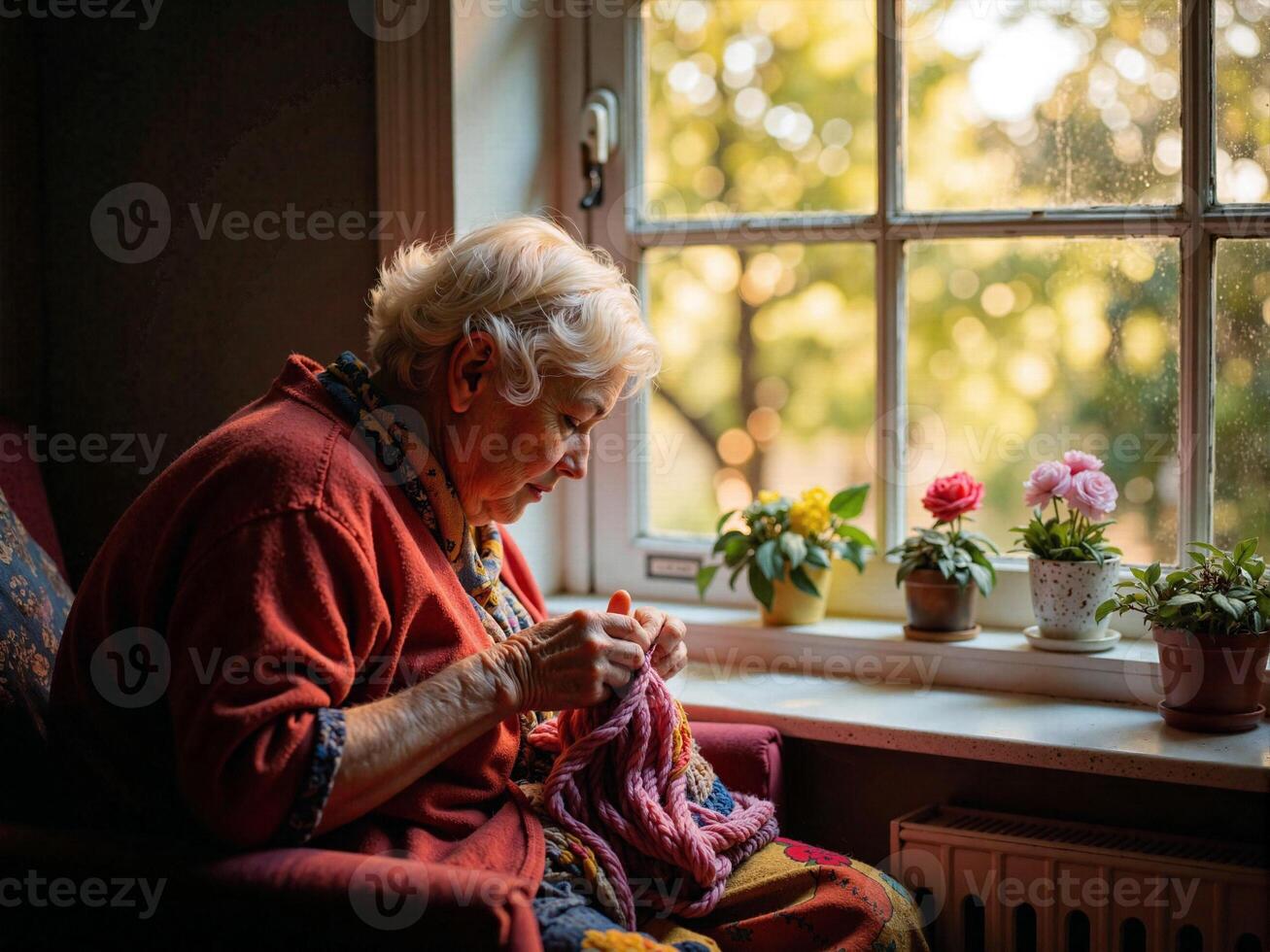 An elderly woman sitting in front of a window knitting photo