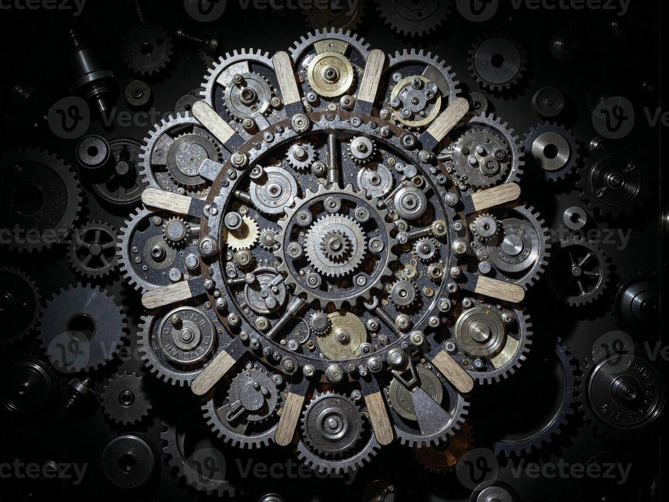 A clock with gears and cogs on a black background photo