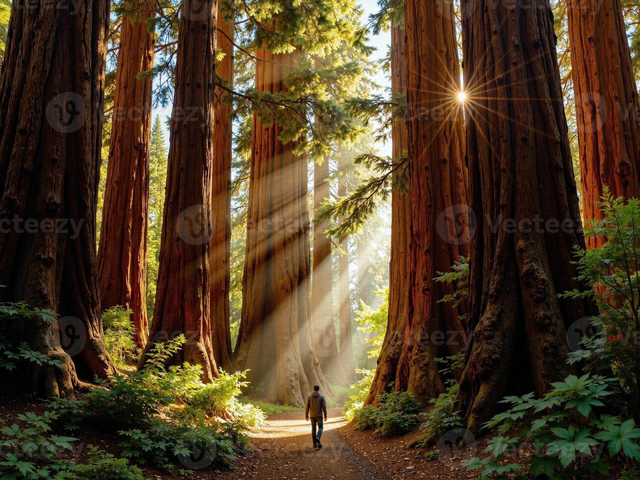 A person walking through a forest with sunbeams shining through the trees photo