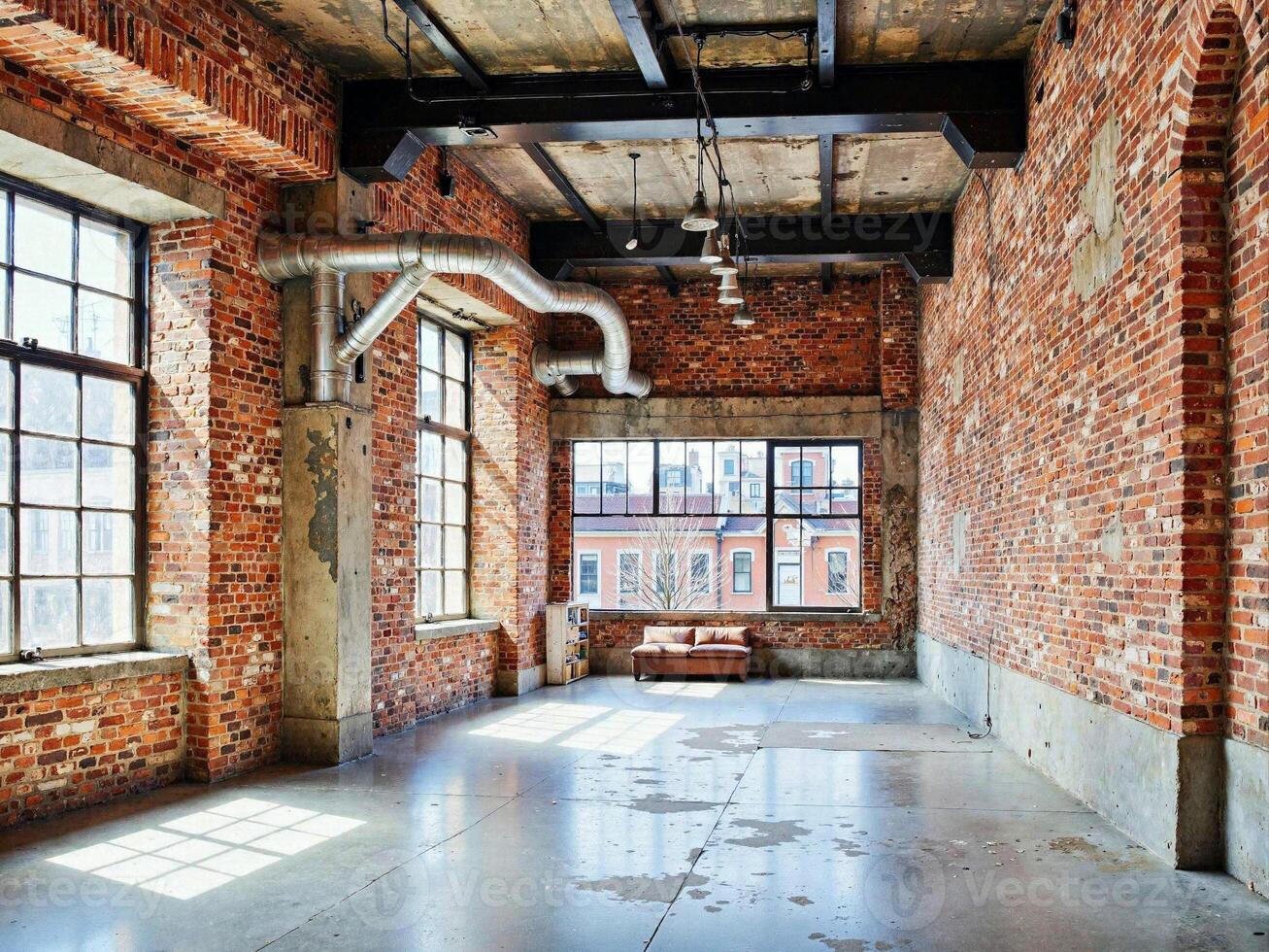 An empty room with brick walls and windows photo