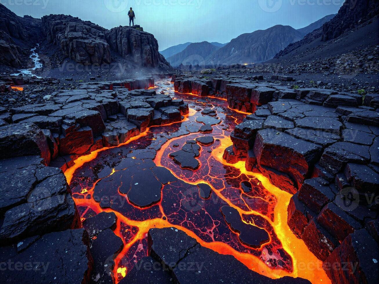 A man stands on top of a lava flow in the middle of a mountain photo