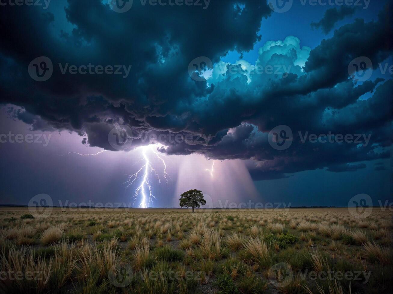 A lightning bolt strikes through the sky above a tree photo