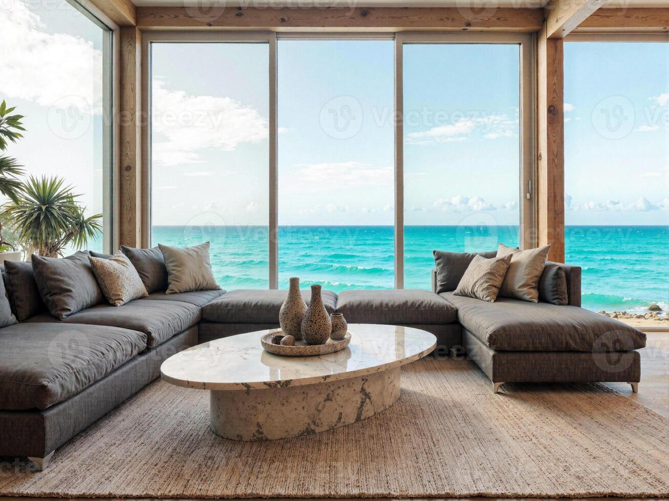 A living room with a couch and a table with a view of the ocean photo