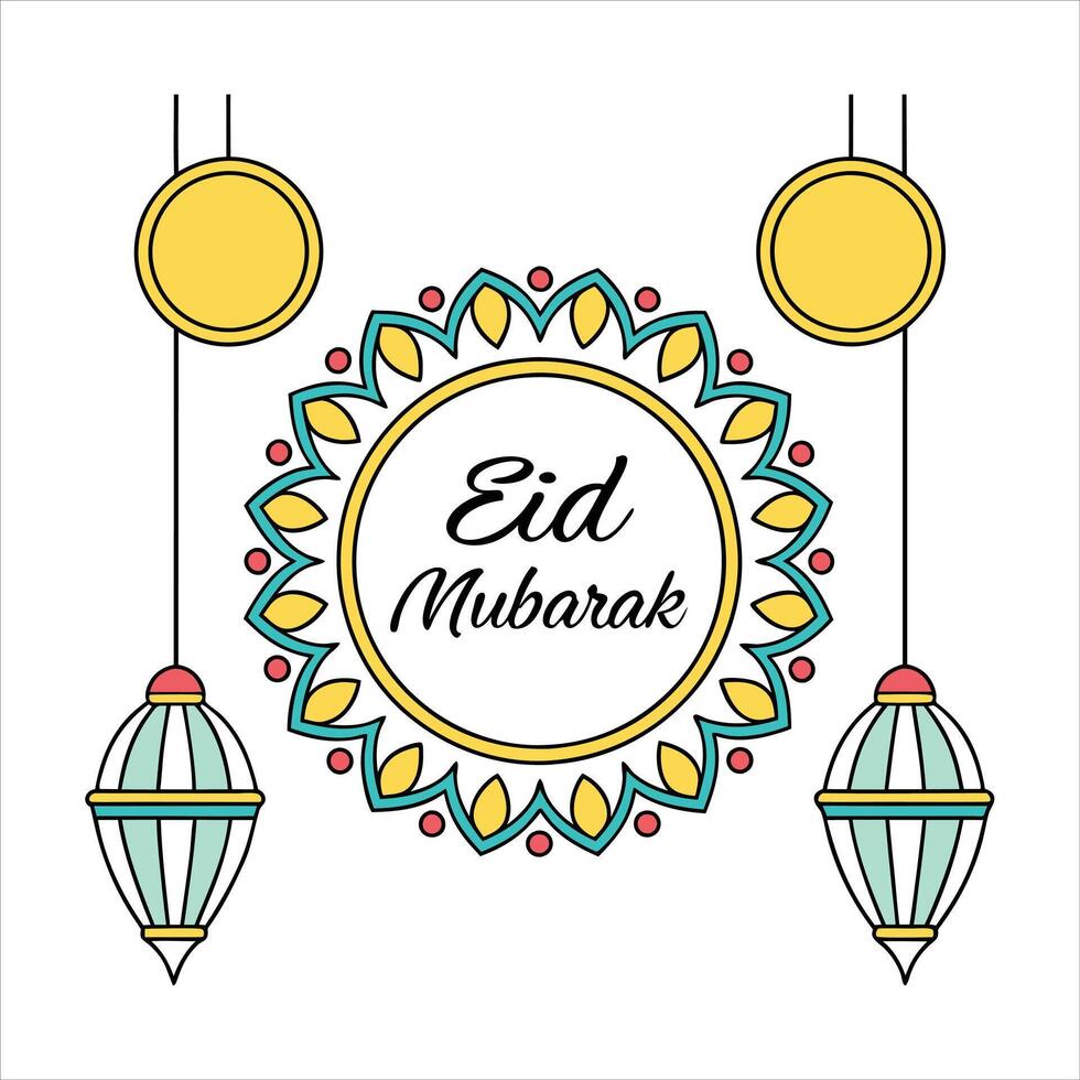 Elegant Eid Mubarak Card with Moon, Lamp sand Calligraphy vector