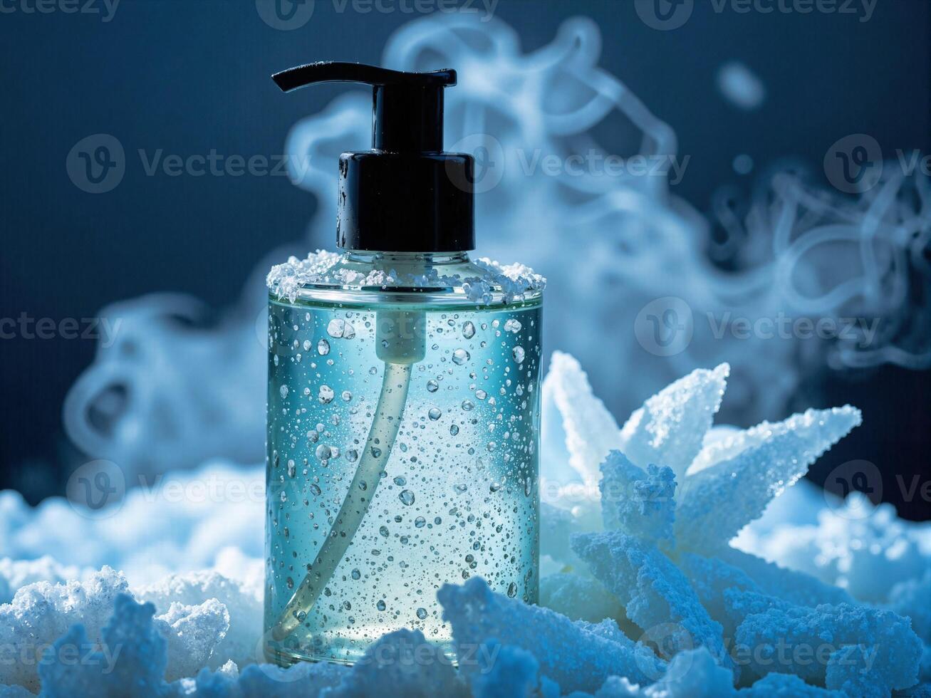 A bottle of liquid soap is sitting on top of snow photo