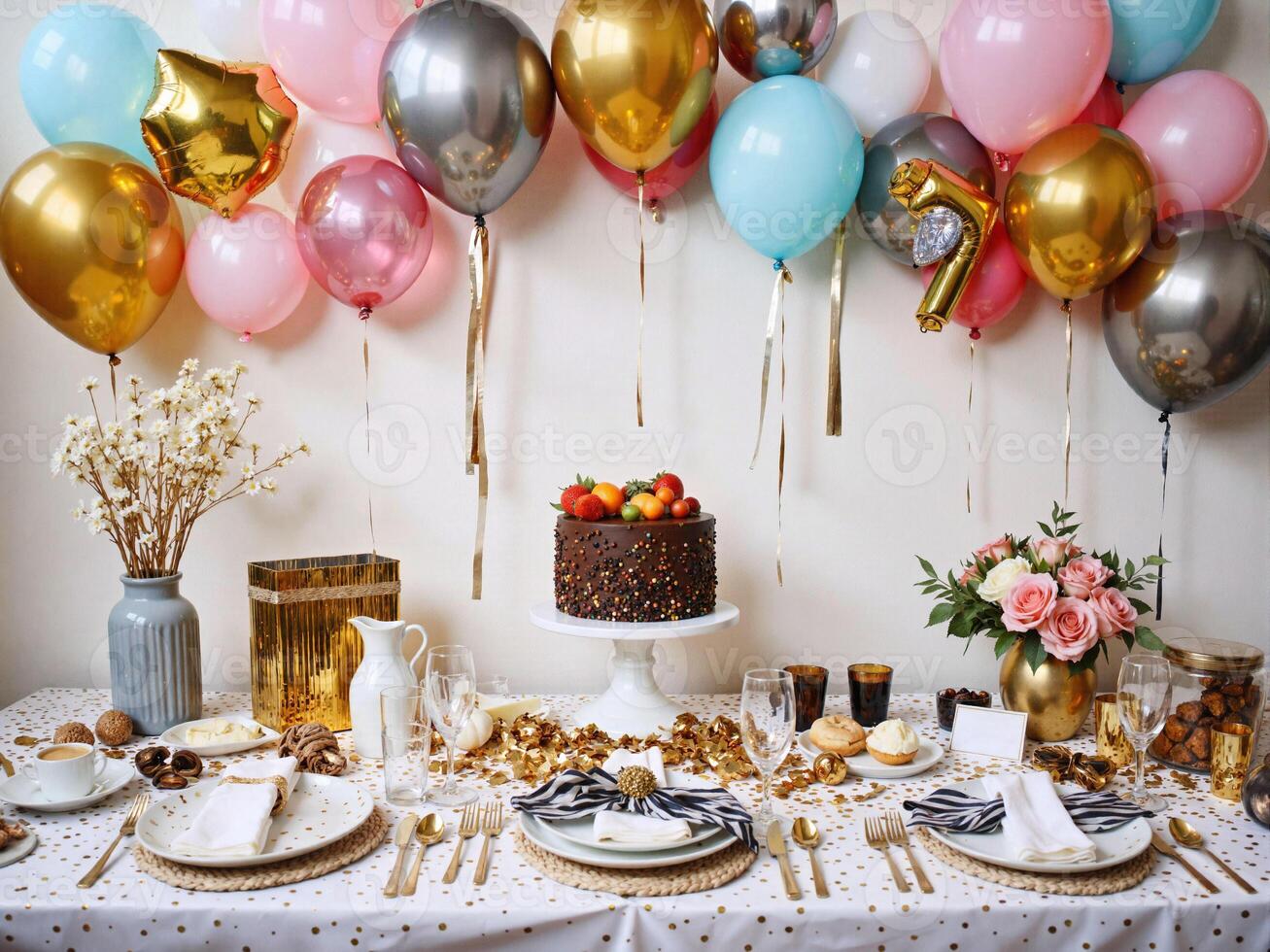 A table with gold and silver balloons and a cake photo