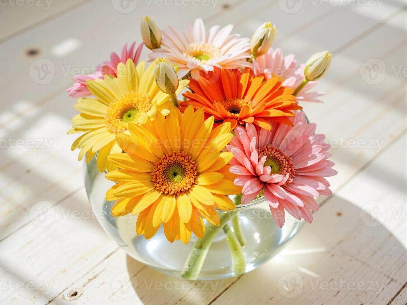 A vase filled with colorful flowers on a table photo