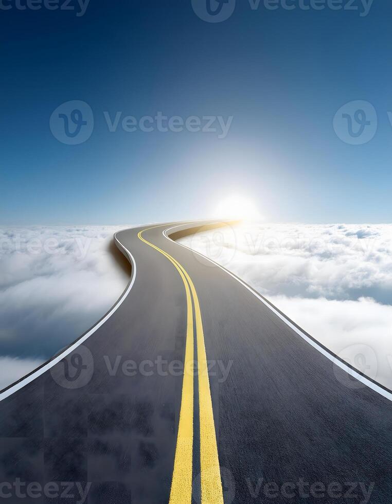 Dreamlike Highway Suspended Over a Sea of Soft White Clouds photo