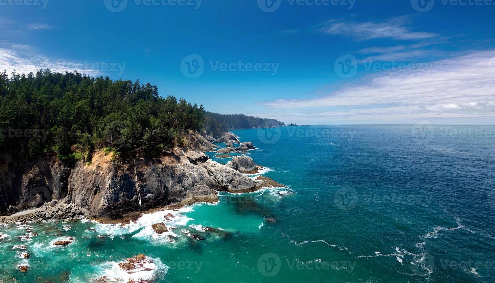 Powerful Ocean Waves Crashing Against Sharp Coastal Rocks photo