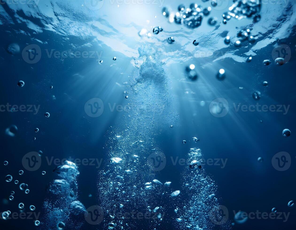 Serene Ocean Depths with Gentle Light Beams and Rising Bubbles photo