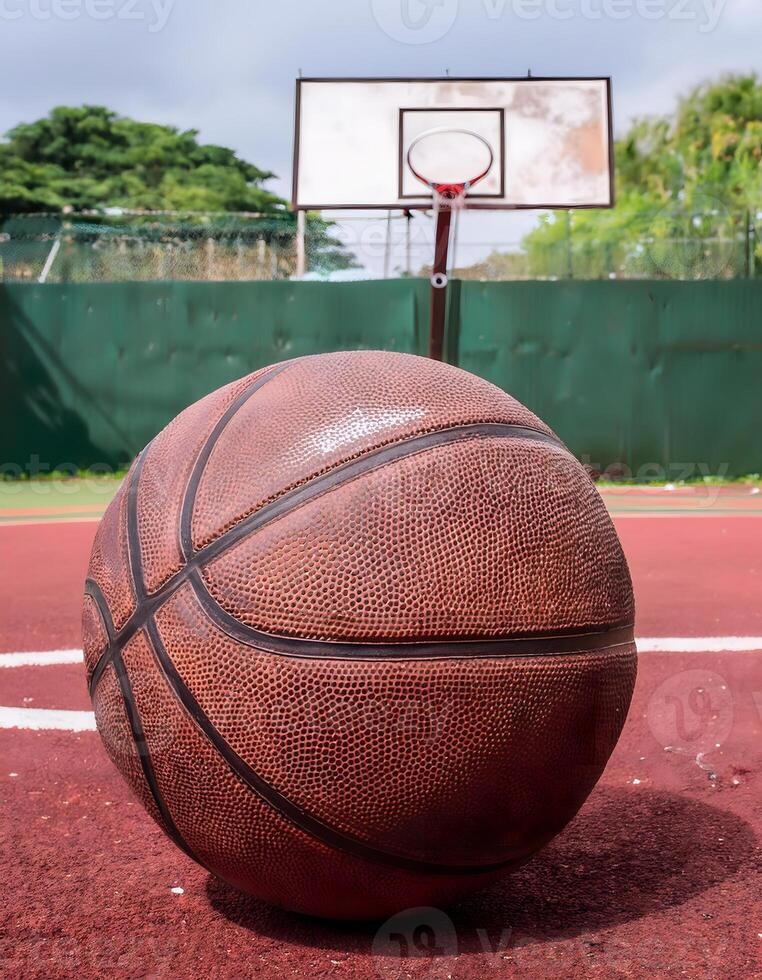 Close-up of a Basketball on a Red Playing Surface photo