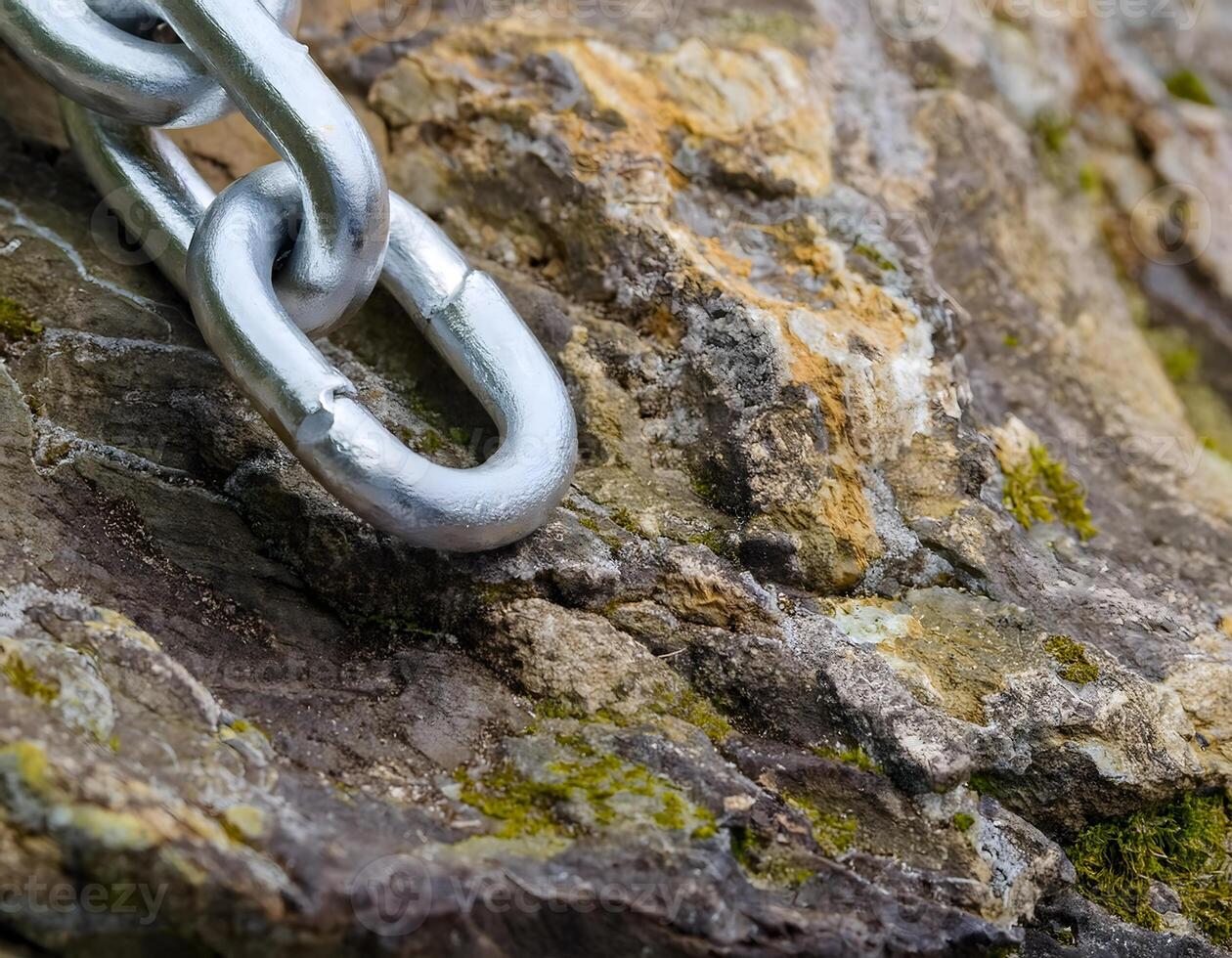 Close-Up of Heavy Metal Chain Resting on Rough Stone Surface photo
