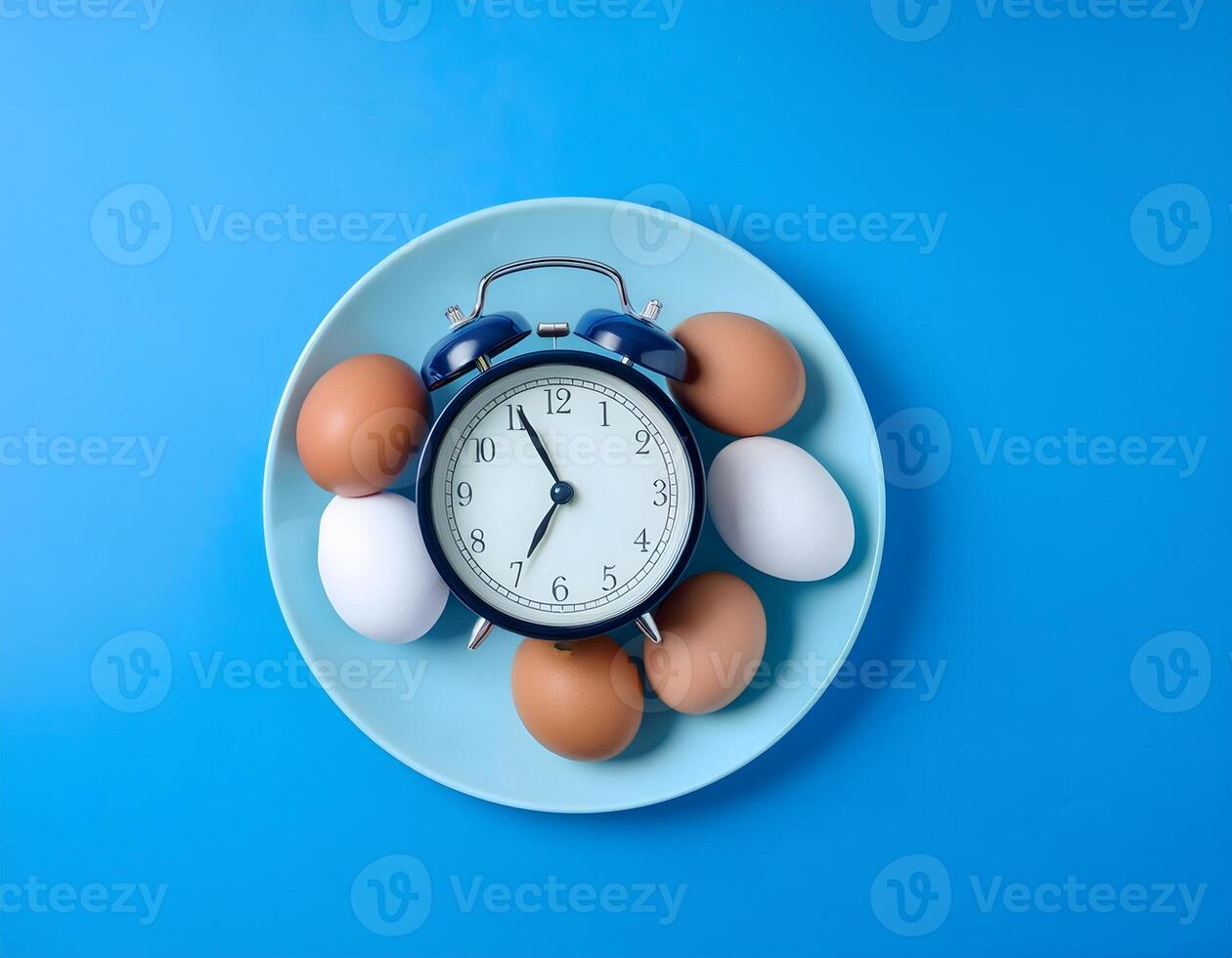 Minimalist Composition of Eggs and Alarm Clock on a Blue Surface photo