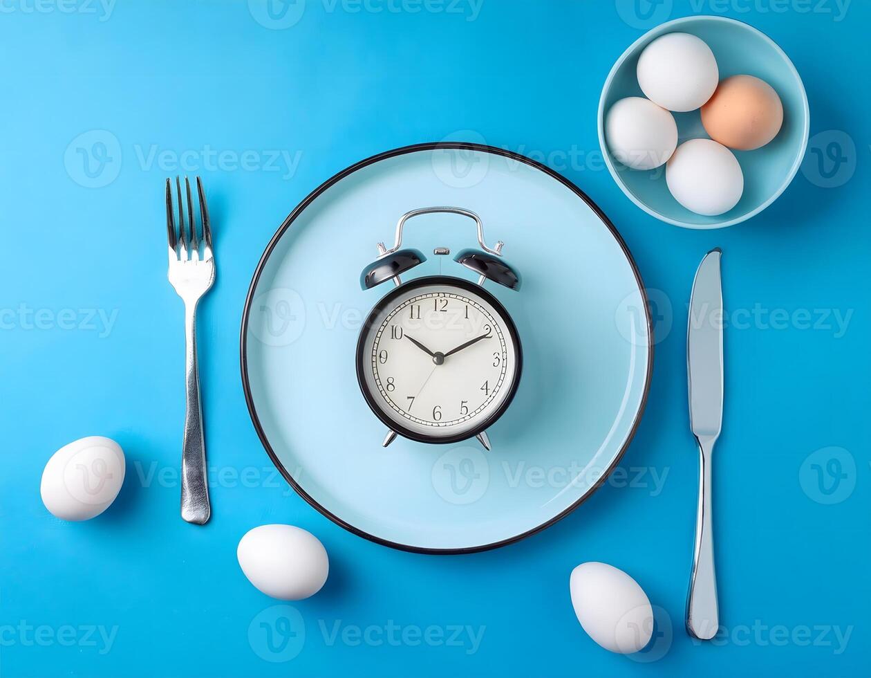 Time for Breakfast. Alarm Clock and Eggs on a Plate with Blue Backdrop photo