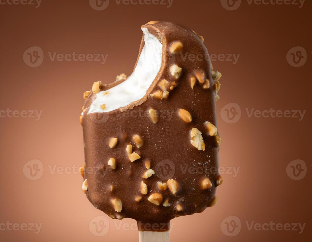 Close-up of a Chocolate Ice Cream Stick with Crunchy Nuts photo