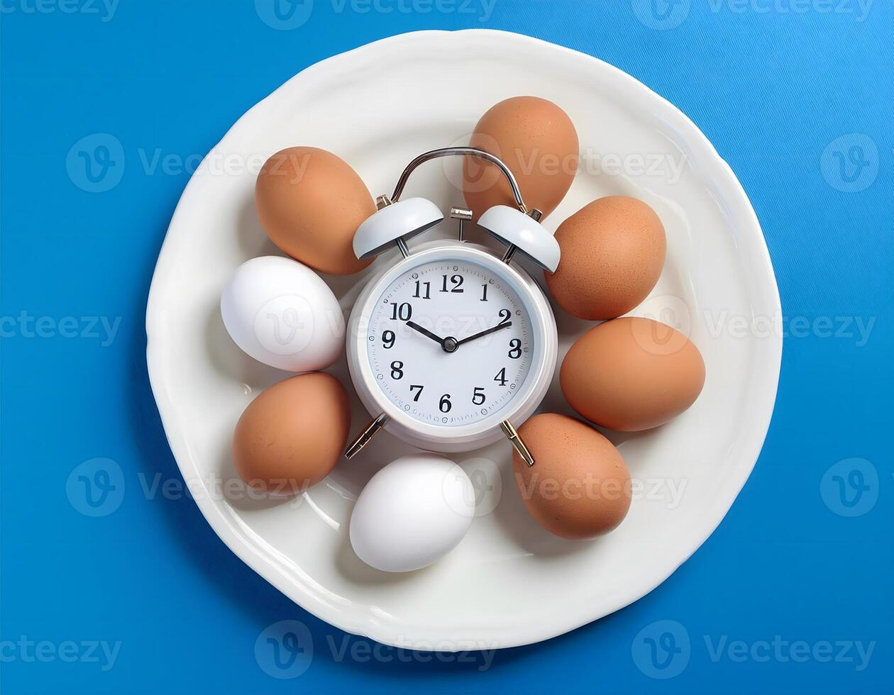 Morning Routine. Alarm Clock with Eggs on a Plate Against Blue Background photo