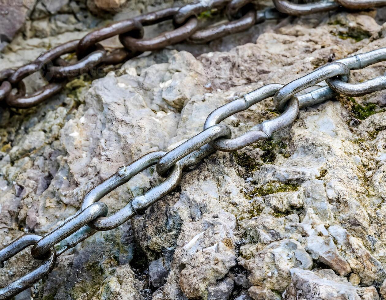 Rusty Chain Lying on a Textured Rock Background photo