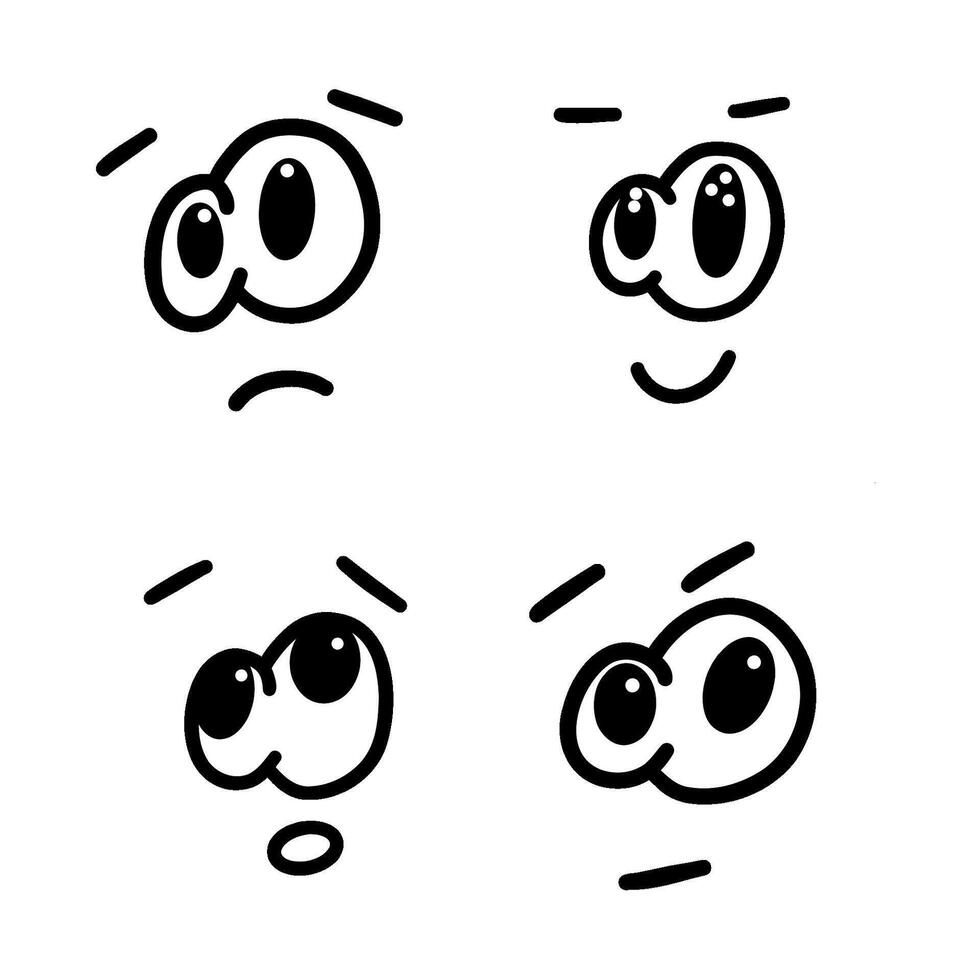 A set of 4 hand-drawn illustrations of various cute cartoon faces with different emotions. vector