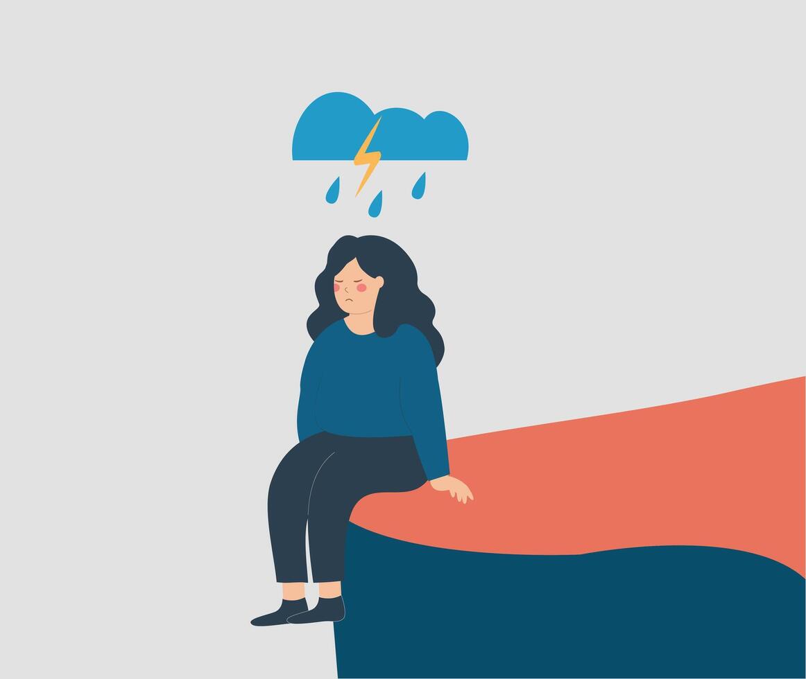 Sad woman sits on the edge of a cliff suffers from mental health disorders and loneliness. Unhappy girl with tangled thoughts and psychological problems. Concept of depression, anxiety and stress. vector